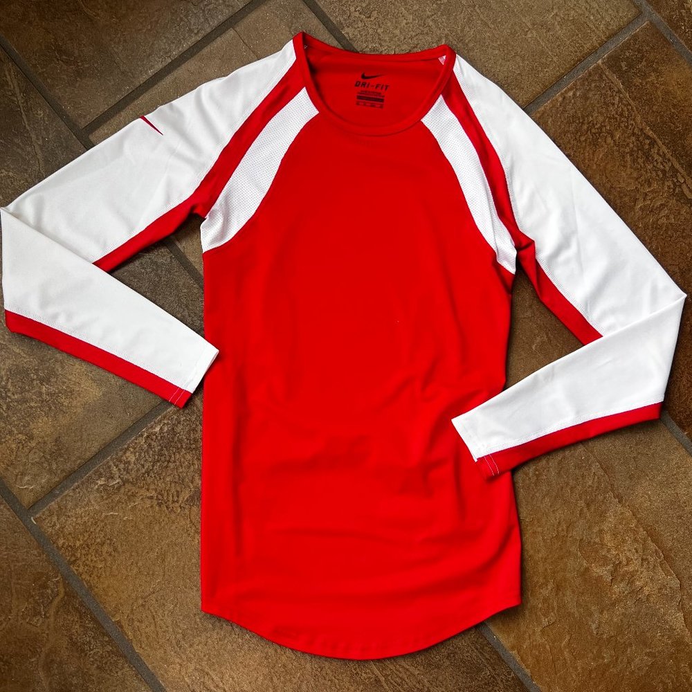 Nike Red and White Dri-Fit Long Sleeve Tee